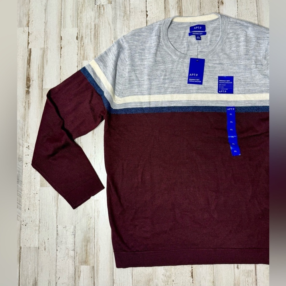 Apt 9 Seriously Soft Merino Wool Blend Sweater Mens XL Burgundy Colorblock NWT - Picture 3 of 13